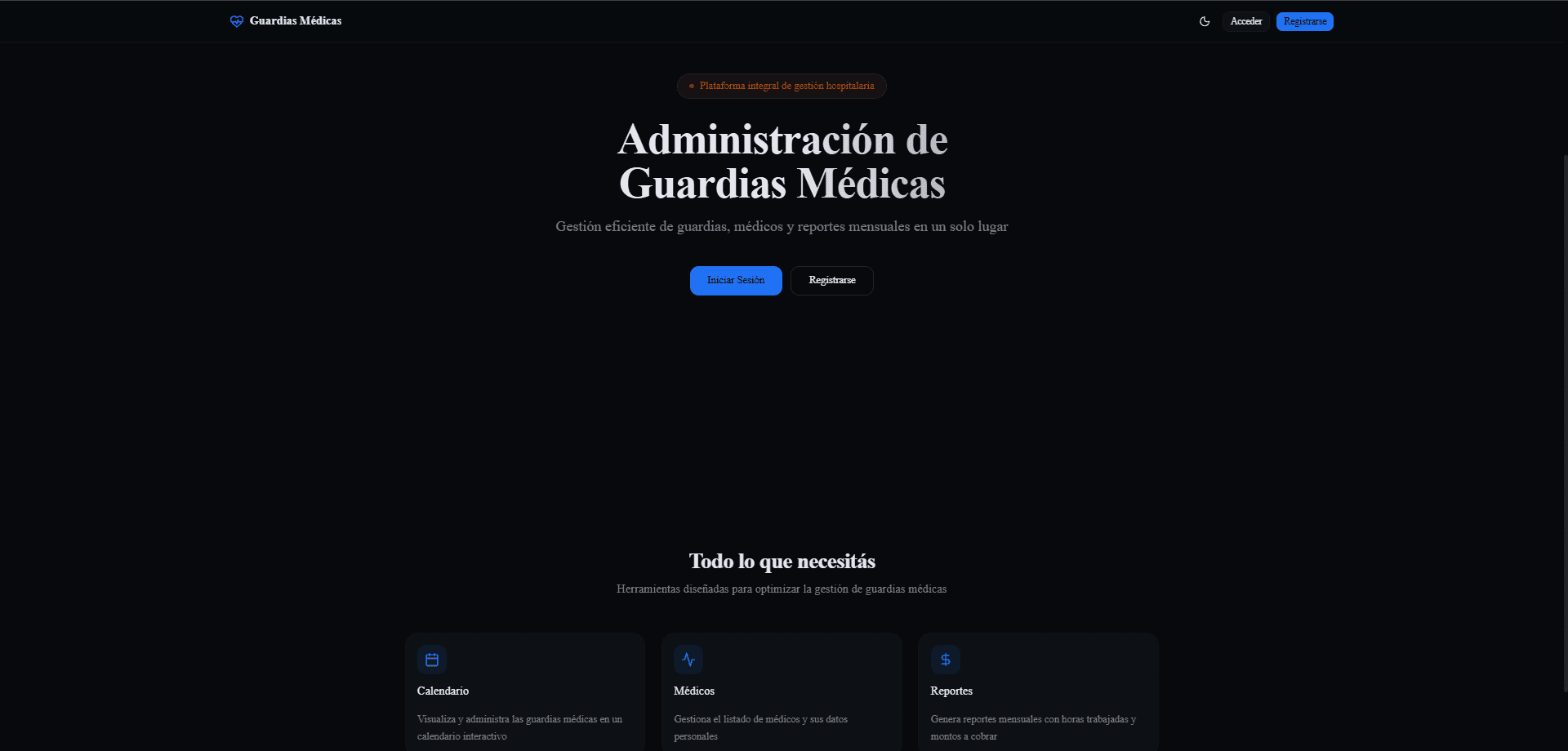 Captura de la interfaz principal de Guardias Médicas